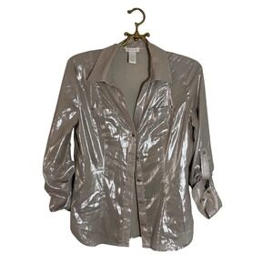 Cache Womens Metallic Silver Champagne Snap Button Down Shirt Long Sleeve Size S